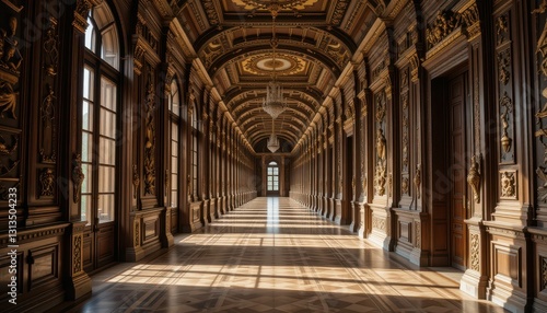 Elegant corridor with intricate woodwork and natural light streaming in