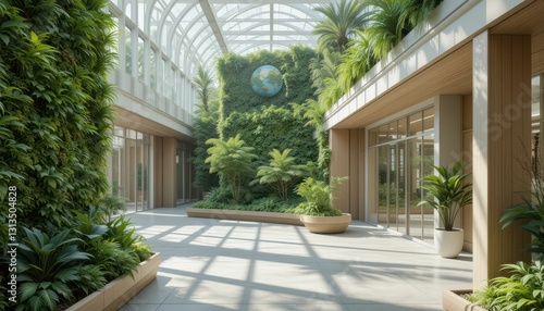 Lush Indoor Garden with Glass Ceiling and Greenery Surrounding Space