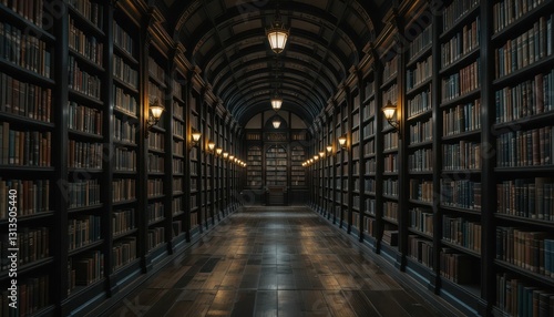 Dark Wood Library Corridor with Bookshelves and Warm Lighting