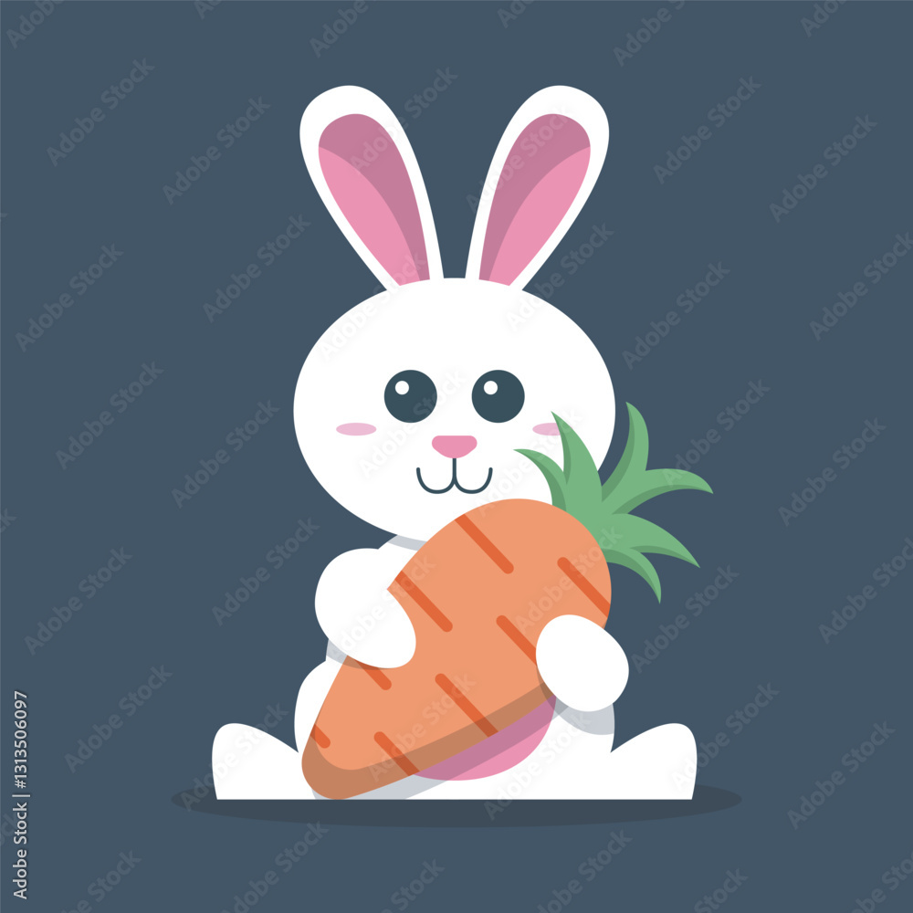 Obraz premium cute white rabbit holding carrot in isolated flat design