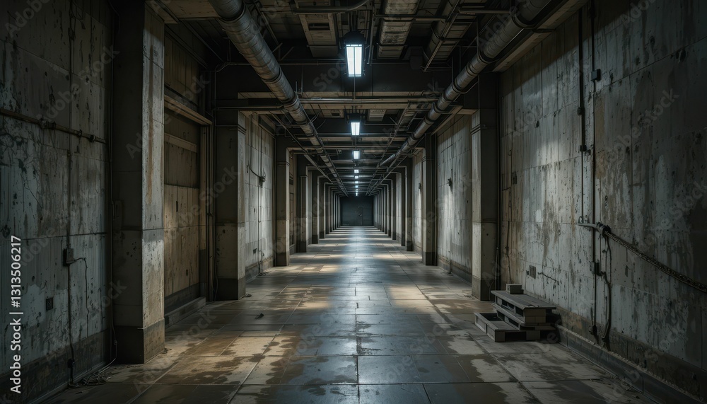 Lighted Industrial Hallway with Concrete Walls and Floors Lighted Industrial Hallway with Concrete Walls and Floors