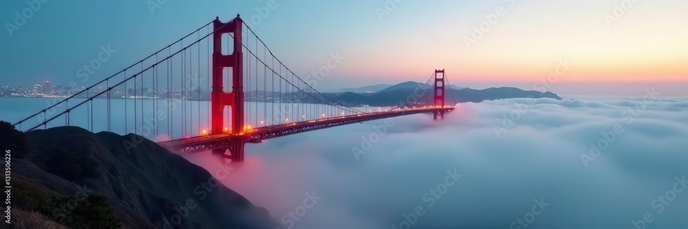 Fototapeta premium Golden Gate Bridge shrouded in mist, dramatic view , nature, bridge, view