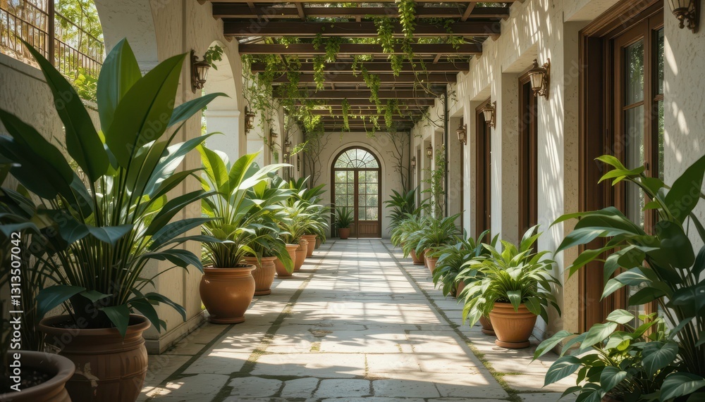 Fototapeta premium Serene Interior Garden Walkway with Lush Green Plants and Light