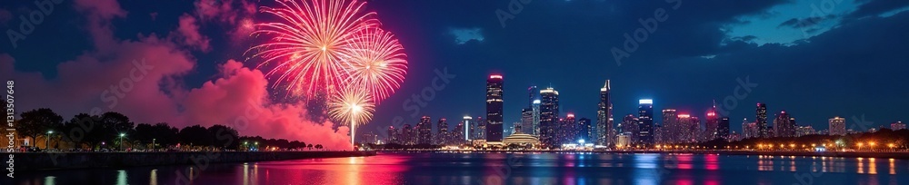 Spectacular firework bursts paint the night sky above a modern city's glittering reflection , urban, colorful, fireworks Spectacular firework bursts paint the night sky above a modern city's glittering reflection , urban, colorful, fireworks