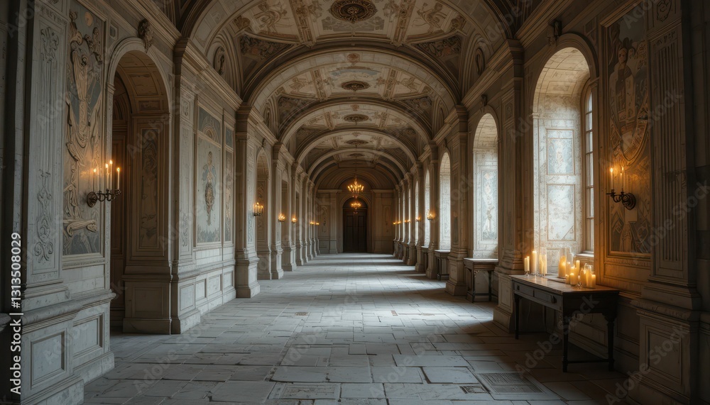 Obraz premium Serene Interior Hallway with Candlelight and Elegant Architecture
