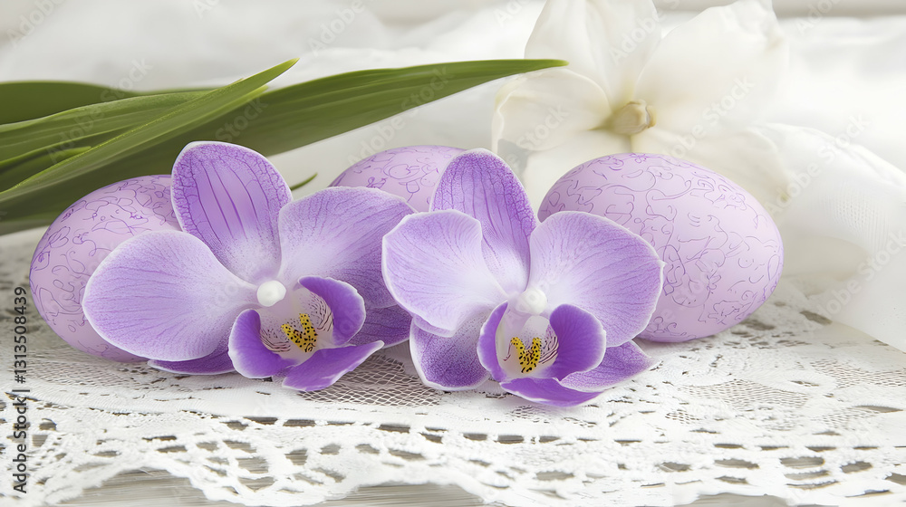 Pastel Easter eggs, orchids, lace, spring Pastel Easter eggs, orchids, lace, spring