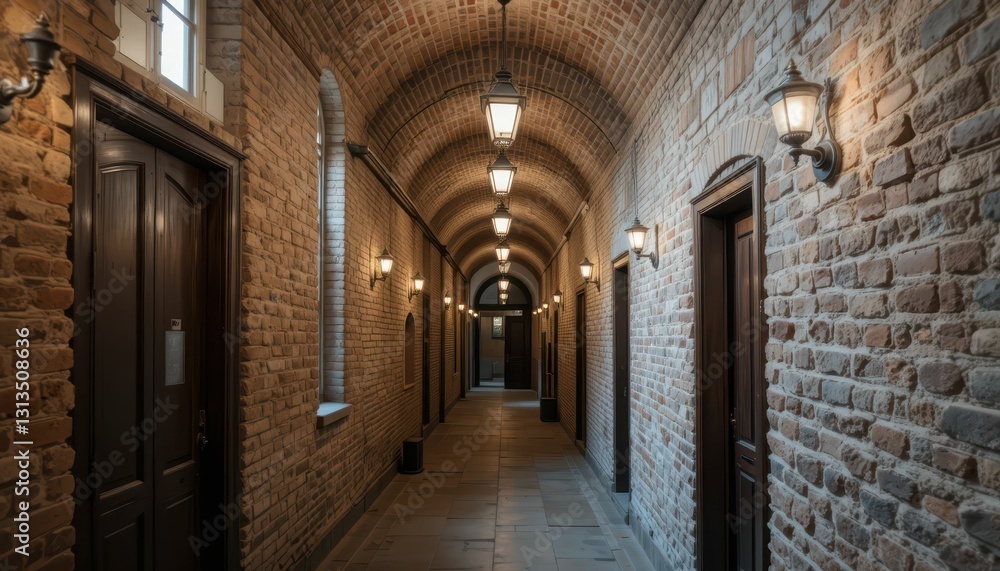 Serene Brick Hallway with Warm Lighting and Elegant Architecture Serene Brick Hallway with Warm Lighting and Elegant Architecture