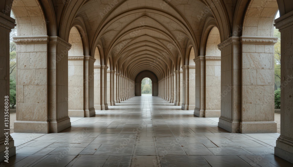 Fototapeta premium Serene Arched Hallway in Elegant Stone Architecture with Columns