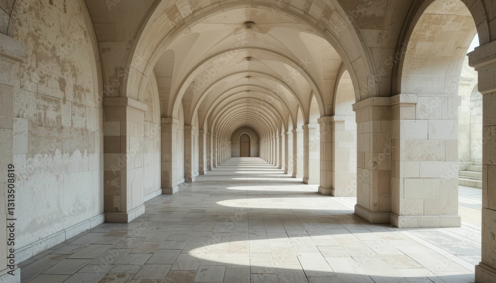Serene Architecture of Arched Hallway with Soft Shadows and Light Serene Architecture of Arched Hallway with Soft Shadows and Light