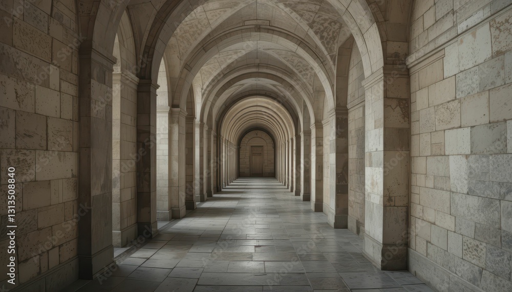 Serene Stone Corridor with Arched Ceilings and Soft Lighting Effect Serene Stone Corridor with Arched Ceilings and Soft Lighting Effect