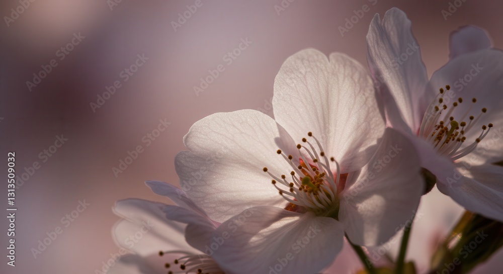 Fototapeta premium Delicate Cherry Blossom Flowers in Soft Light Macro View