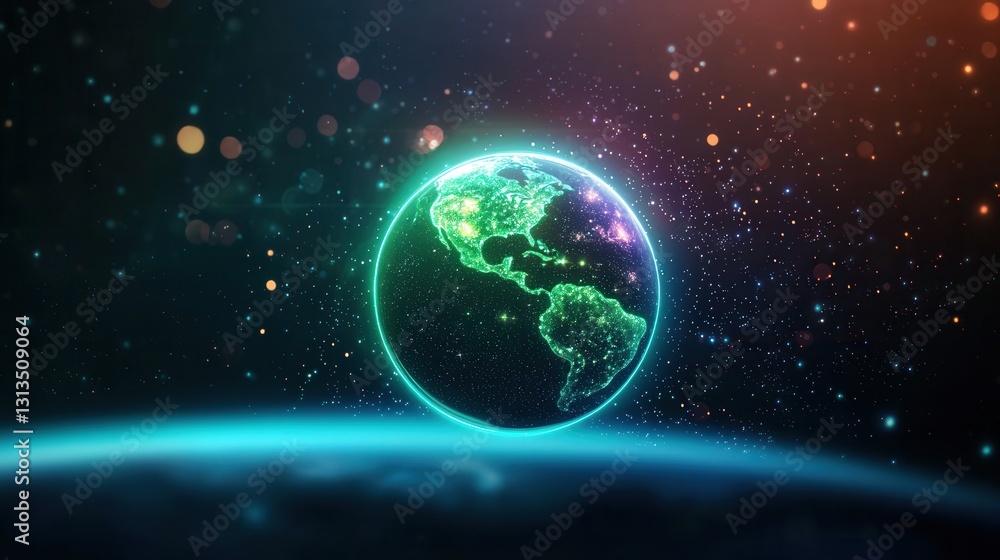 Fototapeta premium glowing digital representation of Earth floats in space, surrounded by vibrant array of stars and cosmic lights, creating futuristic and awe inspiring scene