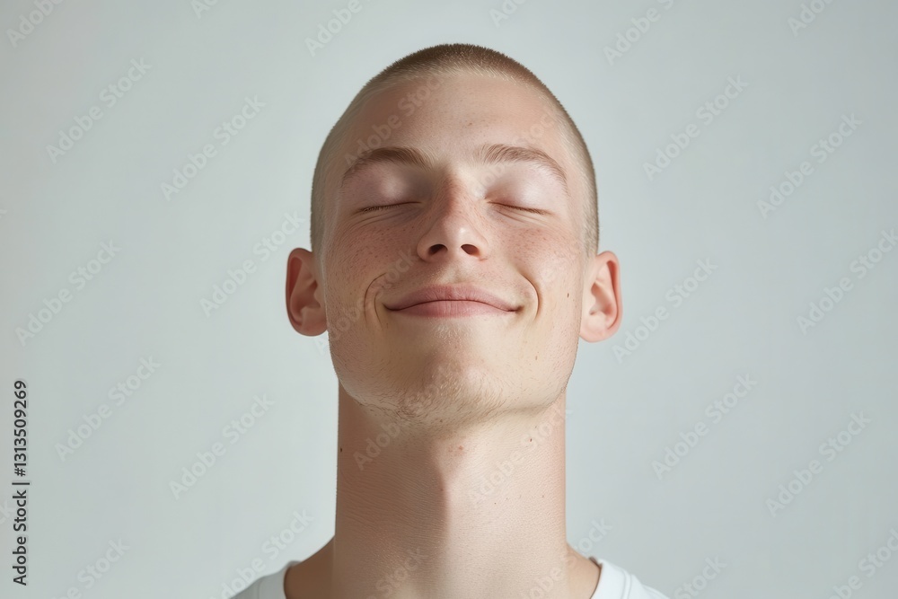 Close-up of a young man with eyes closed, smiling serenely. Perfect for themes of peace, wellbeing, or skincare. Close-up of a young man with eyes closed, smiling serenely. Perfect for themes of peace, wellbeing, or skincare.