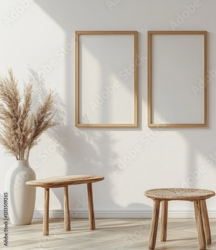 Empty frames, natural wood furniture, sunlit boho living room