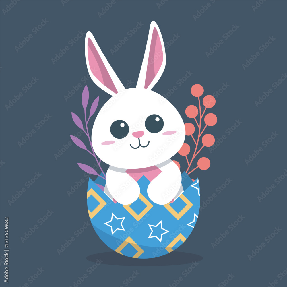 Fototapeta premium white rabbit on egg shell in isolated flat design