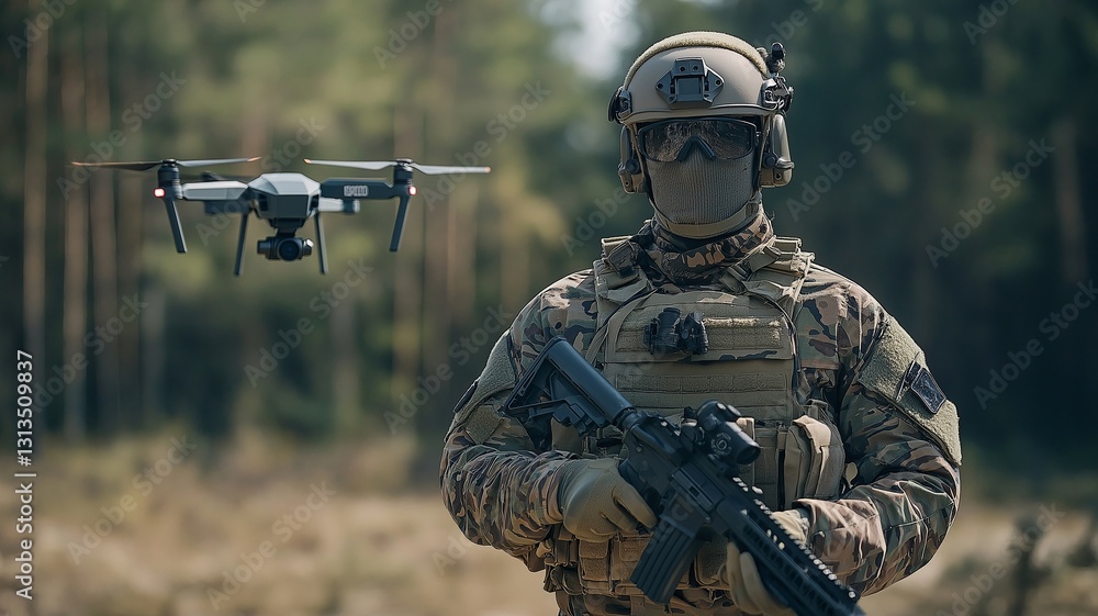 Obraz premium A special forces soldier with a drone and an automatic weapon while donning body armour, a helmet, and a mask stands in the backdrop.