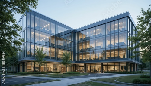 Modern Glass Office Building with Lush Green Surroundings at Dusk
