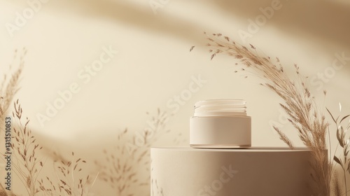 Beige Cream Jar Display, Natural Light, Minimalist photo