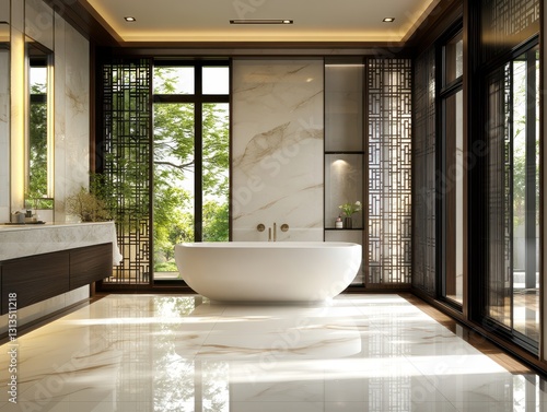 Luxurious Modern Bathroom Interior with Freestanding Bathtub and Large Windows Showcasing Natural Light and Scenic Views for Serenity and Relaxation