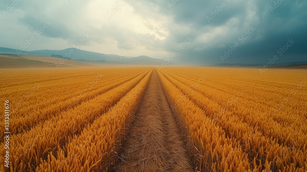 Golden Wheat Field: An endless field of ripe golden wheat stretches towards the horizon, marked by a central dirt path that disappears into the distance, under an overcast sky. Golden Wheat Field: An endless field of ripe golden wheat stretches towards the horizon, marked by a central dirt path that disappears into the distance, under an overcast sky.