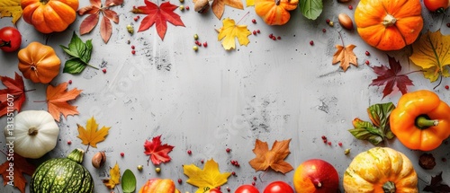 Wallpaper Mural Assorted pumpkins, autumn leaves, and vegetables on a light background. Flat lay composition for autumn design and print. Harvest and Thanksgiving concept. Top down view of various vegetable. AIG55. Torontodigital.ca