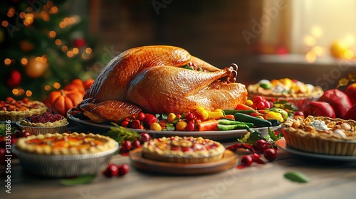 beautifully roasted turkey is surrounded by array of colorful vegetables and delicious pies, creating festive and inviting holiday feast setting