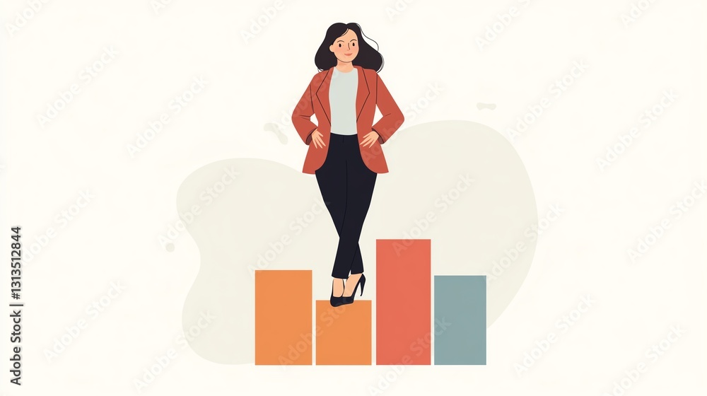A confident woman stands on bar graphs, symbolizing growth and success in a professional context. A confident woman stands on bar graphs, symbolizing growth and success in a professional context.