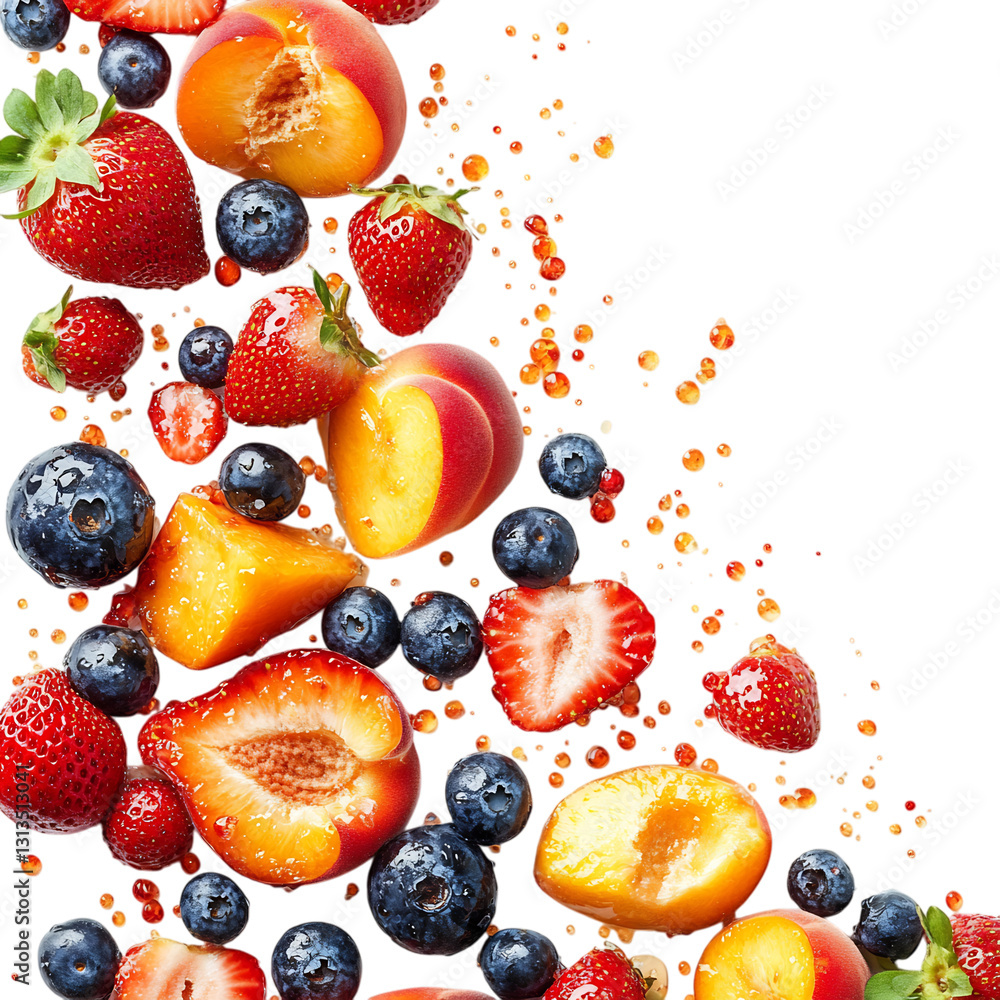 Fresh Peaches, Strawberries, and Blueberries Falling Isolated on Transparent Background Fresh Peaches, Strawberries, and Blueberries Falling Isolated on Transparent Background