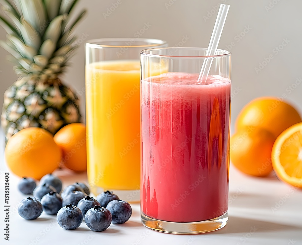 Watermelon and pineapple juice with blueberries, oranges, and a straw on a white background Watermelon and pineapple juice with blueberries, oranges, and a straw on a white background