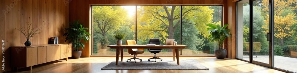 Fototapeta premium Modern wood-paneled home office, glass doors, natural light, bright, desk, interior design