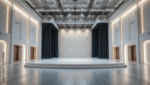 Modern Empty Stage with Curtains and Soft Lighting in a Hall