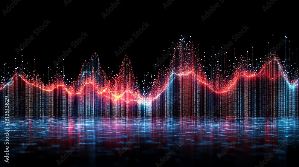 Abstract glowing equalizer waveform visualization with digital particle flow and reflections for music technology innovation and data analysis Abstract glowing equalizer waveform visualization with digital particle flow and reflections for music technology innovation and data analysis