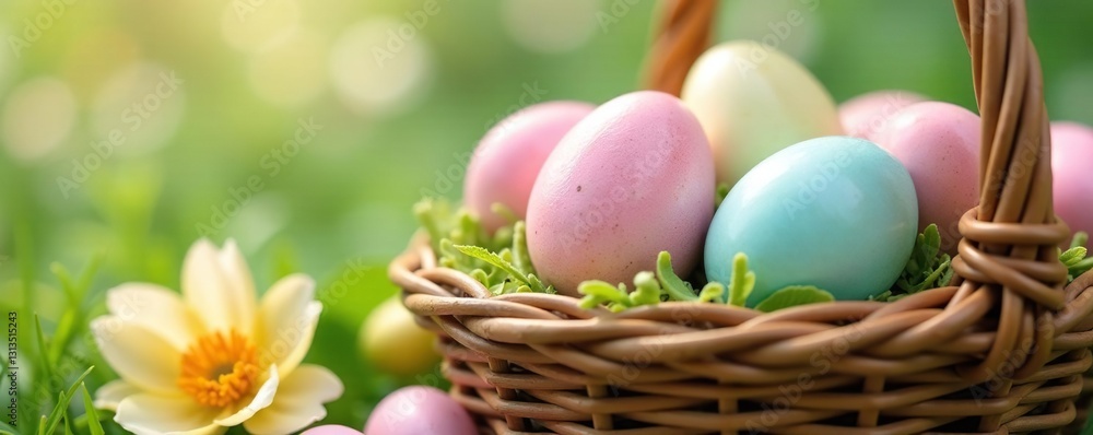 Pastel colored eggs in a woven basket, spring flowers , texture, picture Pastel colored eggs in a woven basket, spring flowers , texture, picture