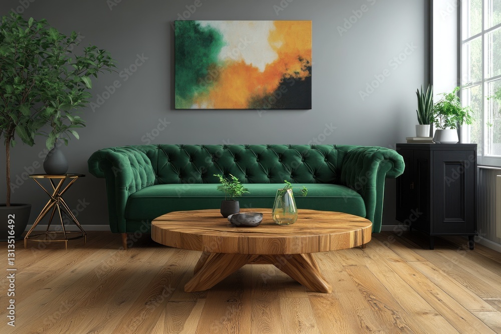 Fototapeta premium Modern emerald green sofa, round wooden coffee table in living room with abstract art