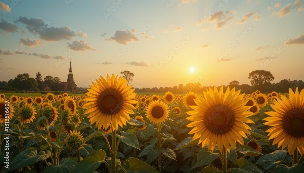 Obraz premium Sunflowers Blooming Under Golden Sunset in Scenic Rural Landscape