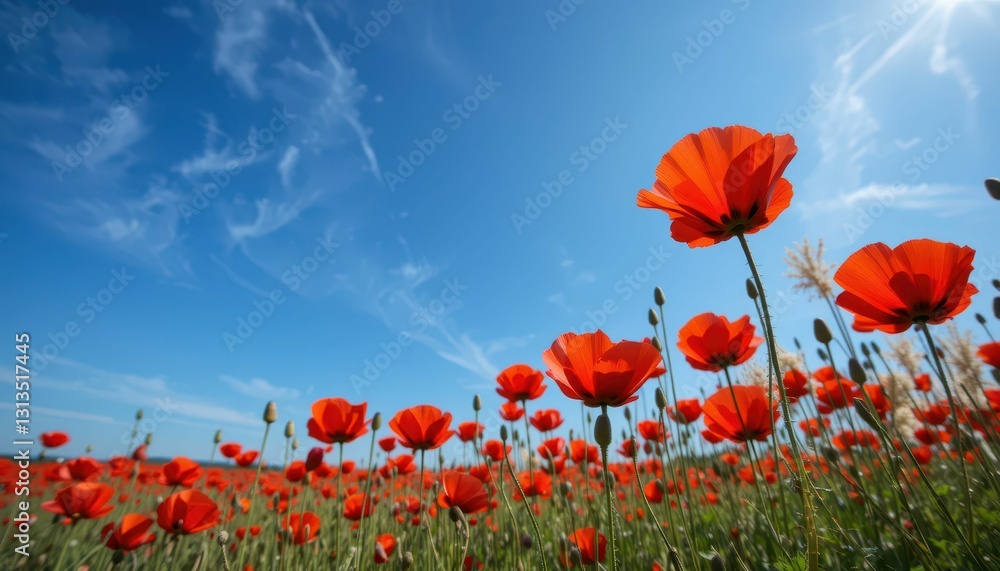Fototapeta premium Vibrant Red Poppies Against Clear Blue Sky in Sunny Field