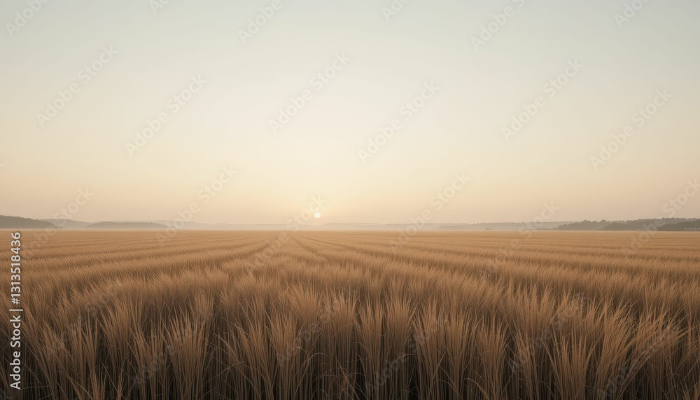 Golden Wheat Field Under Soft Sunrise Light in Rural Landscape Golden Wheat Field Under Soft Sunrise Light in Rural Landscape