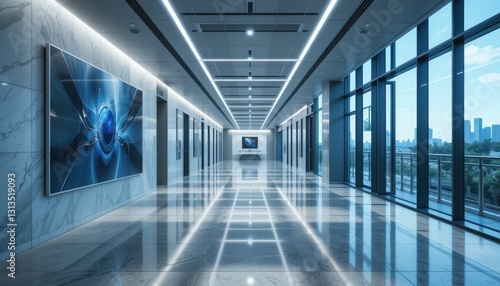 Modern Art Gallery Interior with Bright Lighting and City View