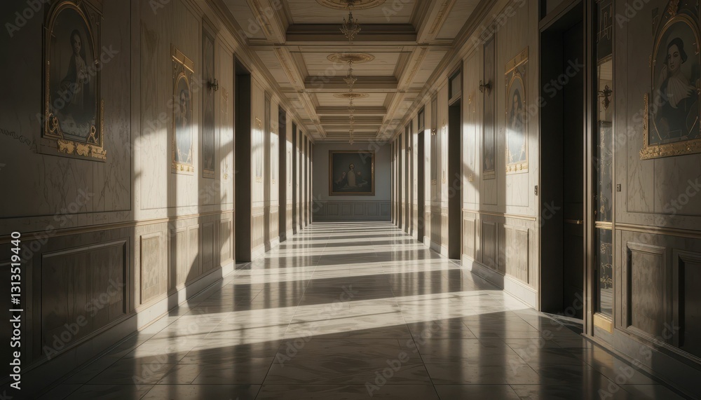 Elegant Hallway with Decorative Art and Dramatic Lighting Effects Elegant Hallway with Decorative Art and Dramatic Lighting Effects