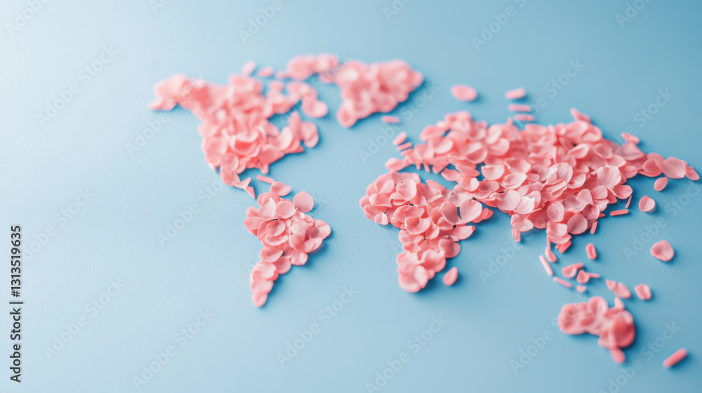 Fototapeta premium world map made of pink flower petals on blue background