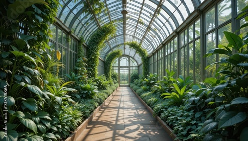 Lush Tropical Greenhouse with Abundant Plants and Sunlight Streaming