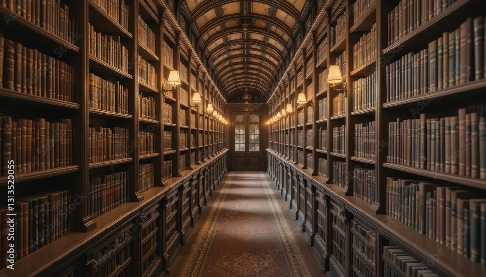 Elegant Library Corridor with Shelves of Books and Warm Lighting Elegant Library Corridor with Shelves of Books and Warm Lighting