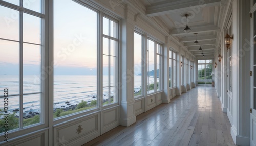 Serene Ocean View from Elegant Coastal Hallway with Large Windows