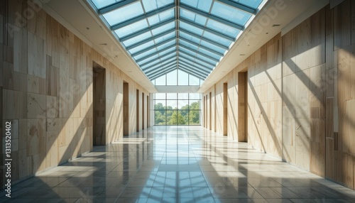 Modern Hallway with Glass Roof and Wooden Walls in Bright Light