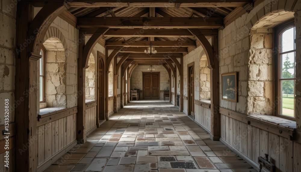 Serene Stone Corridor with Wooden Beams and Natural Light Serene Stone Corridor with Wooden Beams and Natural Light