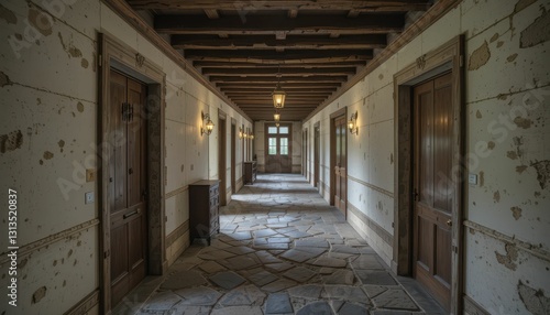 Rustic Hallway with Wood Beams and Stone Flooring in Abandoned Building