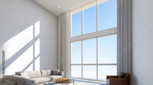 spacious  sunlit living room with large windows and modern furniture