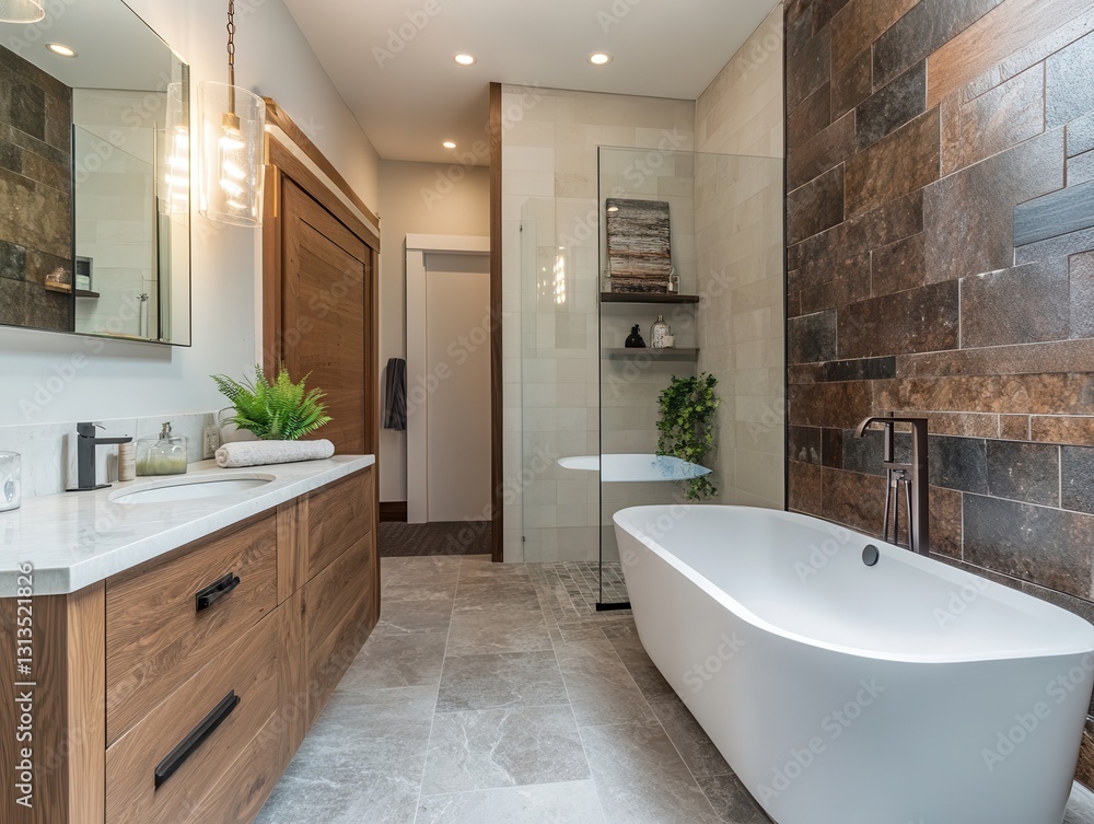 Modern and Elegant Bathroom Interior Design Featuring Freestanding Bathtub, Natural Stone Walls, and Stylish Fixtures Modern and Elegant Bathroom Interior Design Featuring Freestanding Bathtub, Natural Stone Walls, and Stylish Fixtures