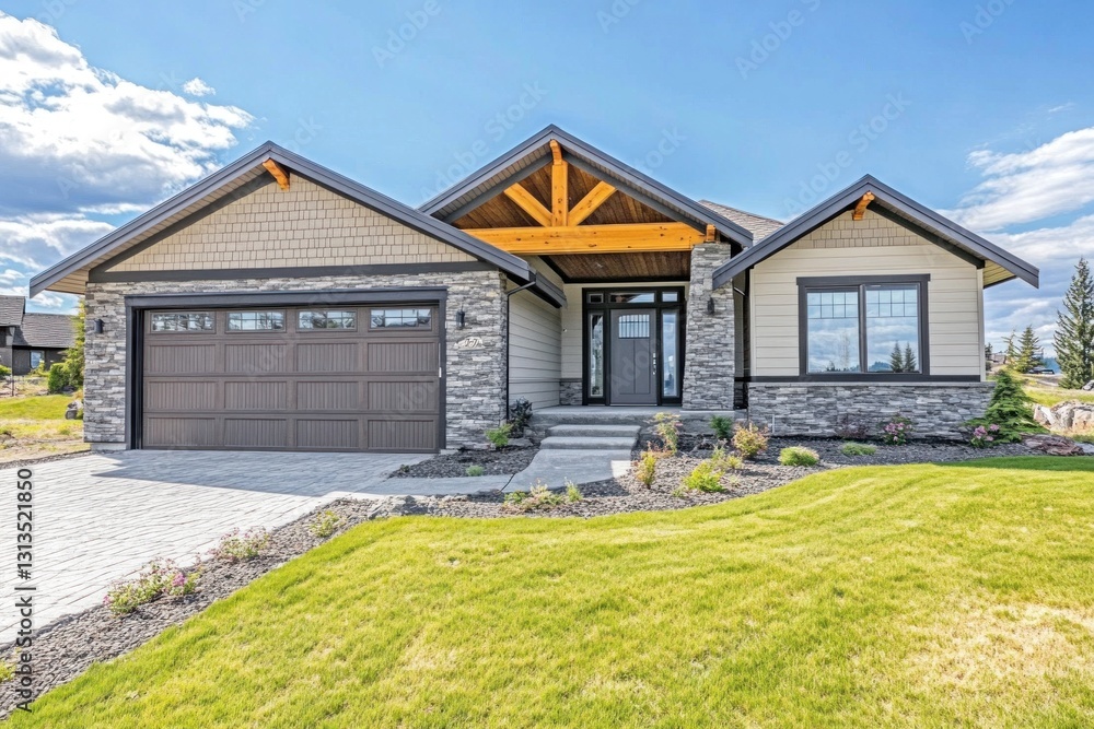Fototapeta premium Modern Farmhouse Exterior in Sunny Meadow
