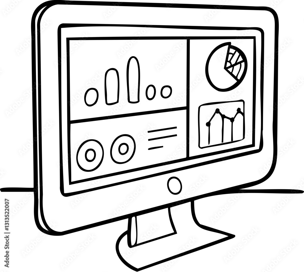 Computer monitor displaying graphs and data analytics in a simplistic design. Computer monitor displaying graphs and data analytics in a simplistic design.